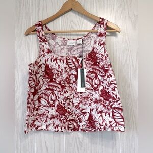 Rachel Zoe 100% Linen Burgundy Top Size S Toucan Jungle Floral Leaf Print NWT